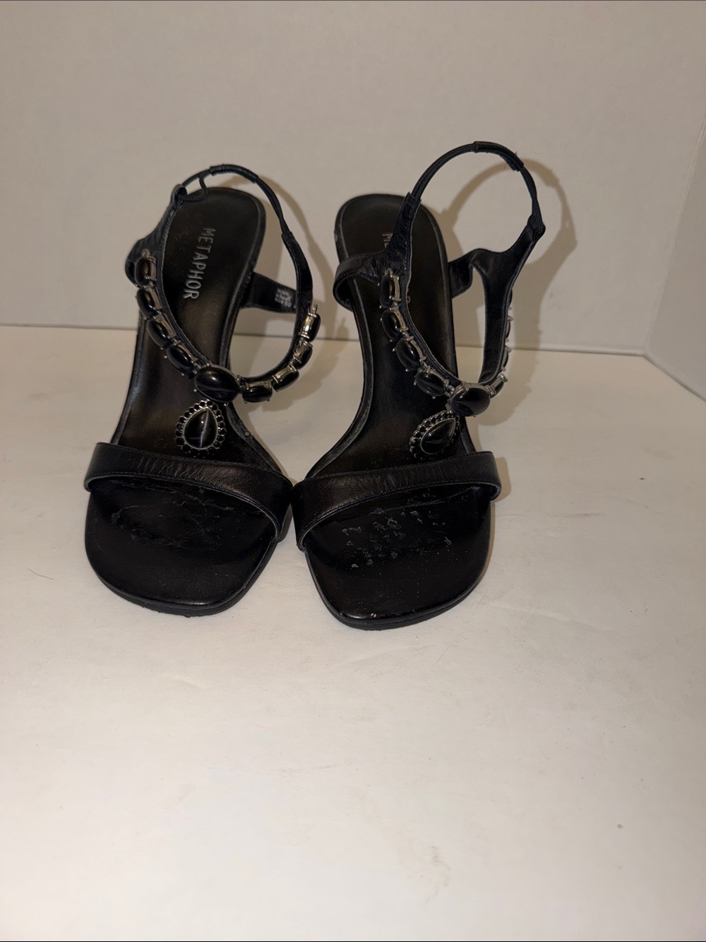 Metaphor Black T-Strap Jeweled Heel Sandals-Sz 6